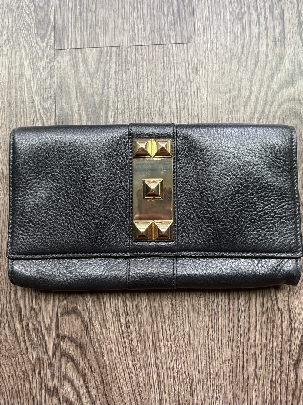 Vince Camuto Black Leather Clutch with Gold Stud Accent